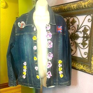 VTG Live a Little Blue Jean Jacket with Crochet Decorative Patches Sz 2X